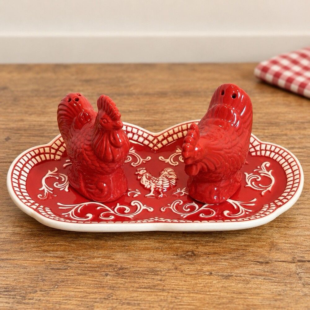 Tara at Home Doodle Doo Red Rooster Salt Pepper Shakers Ceramic Tray Set Kitchen